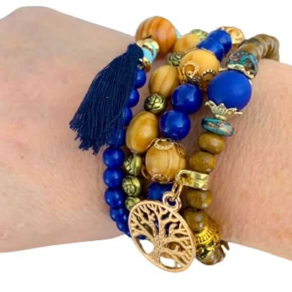 4 Boho Wood Bead Stretch Tree of Life Charm Tassel Bracelet Set Teen Girl NEW - Picture 7 of 10